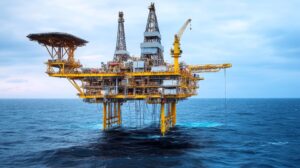 An offshore oil rig stands prominently in the ocean, showcasing industrial energy extraction.